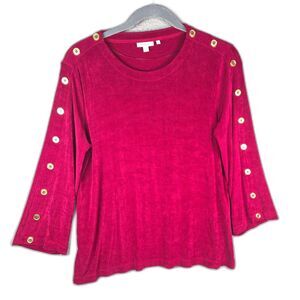 Chicos Raspberry Tunic Top XL Gold Button Sleeve Flared Hem Stretch Knit